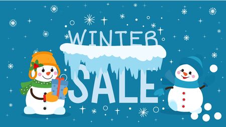 Winter sale vector illustration. Two cute smiling cartoon funny snowman characters new year xmas christmas sale invitation promotion low prices discount shopping flyer banner with lettering text.のイラスト素材