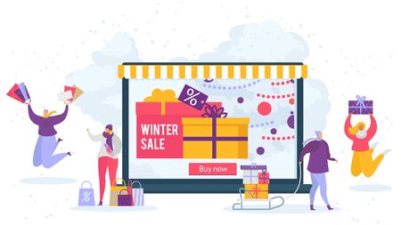 Winter sale online shopping vector illustration. Different people shop gifts on internet sale with winter discounts. Laptop screen, sled, present boxes, bags. Christmas and New Year celebration eve.のイラスト素材