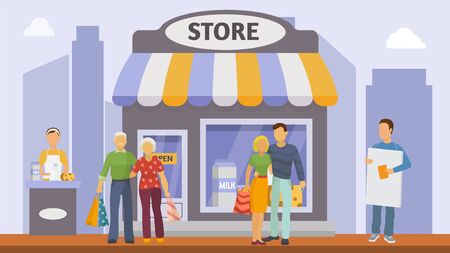 Promoters and shoppers people near milk dairy store vector illustration banner. Product sales promotion counter, girl worker and man with poster near city retail shop. Elderly, young buyers couples.のイラスト素材
