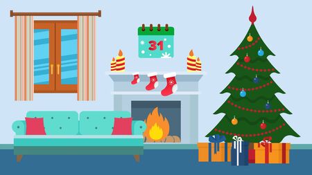 Room interior festively decorated for Christmas Xmas New Year holiday celebration vector illustration. Living room with fireplace, christmas tree, sofa. Gifts stocking candle, calendar.のイラスト素材