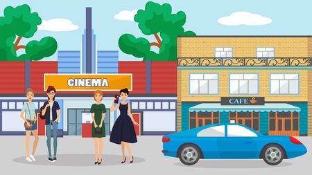 Girls friends meeting vector illustration. Cute girls young women group standing on street in front of city buildings. Girls entertainments pastime leisure in cafe and cinema.のイラスト素材