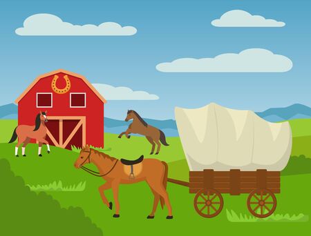 Horses at country animal ranch farm, horse harnessed to cart wagon carriage vector illustration. Barn house, rural nature outdoor agricultural horse breeding farming grass field landscape.のイラスト素材