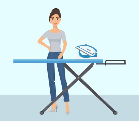Young woman housewife by ironing board and iron vector illustration. Beautiful smiling girl by housework ironing clothes at home. Housekeeping job laundry service and equipment.のイラスト素材