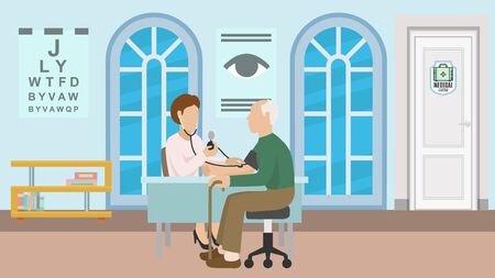Medical clinic, hospital office and consultation of patient with doctor vector illustration. Doctor with tonometer measures blood pressure of elderly man. Healthcare, diagnosis, medical treatment.のイラスト素材