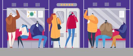 People on street flu season epidemic virus disease vector illustration. Ill family treating sick flu colds people in mask on street, in public transport.のイラスト素材