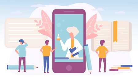 Learning and education online vector illustration, people students in front of mobile smartphone screen banner concept. Teacher with chemical flask leads internet video lesson. Textbooks, pencil.のイラスト素材
