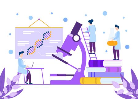 Scientific research laboratory vector illustration concept. Team of tiny people doctors conducting experiments, tests with huge microscope. Books, dna molecule, laptop, stairs.のイラスト素材