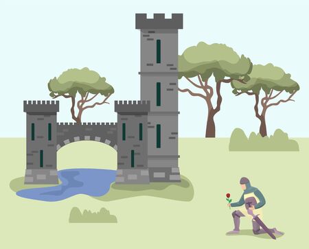 Knight stands on one knee in front of medieval royal princess castle palace. Knight enamored warrior in armor, with sword and rose flower in his hand asking for woman hand.のイラスト素材