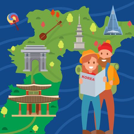 Couple of travelers on background of Korea map vector illustration. Smiling young man and woman tourists in Korea. Visiting Korea landmarks symbols architecture culture advertising tourism invitation.のイラスト素材