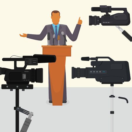 Politician, public figure or businessman makes speech on television broadcast vector illustration. Talking and gesturing man standing on podium with microphones in front of tv cameras.のイラスト素材