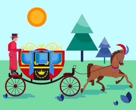 Horse old retro carriage with coachman in nature park vector illustration flat style. Festive decorated horse animal and royal coach with crown sign. Excursion, walk, entertainment, transportation.のイラスト素材
