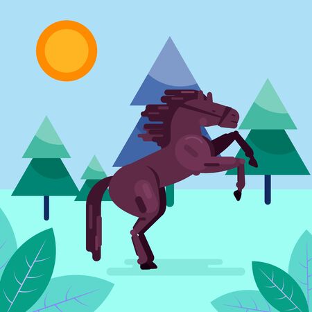 Antique image of stallion horse ancient Greek or Roman art design vector illustration flat style. Horse wild animal in harness reared outdoors. Nature, field, trees, sun.のイラスト素材