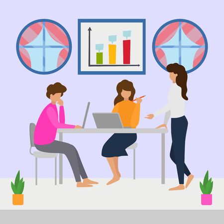 Business people colleagues job meeting vector illustration. Man, woman teamwork analysis, research, strategy discussion at desktop by laptops with diagram schedule presentation.のイラスト素材