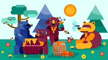 Group of varicolored bears wild animals find apiary barrel keg jar honey vector illustration flat. Bears eating sweet honey food outdoor in forest wood grassland. Flying bees.のイラスト素材