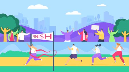 Marathon finish runners, running competition, athlete sprinter sportsmen, sportive people run line vector illustration. Distance marathon or sport winner crossing finish line in park and sportsfans.のイラスト素材