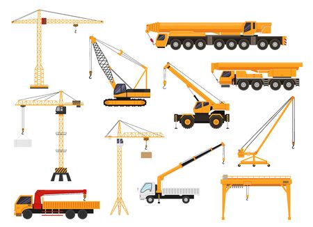 Set of construction cranes in flat style. Trucks with cranes, crawler tractors and cars with cranes vector illustration. Construction transport vehicles isolated on white background.のイラスト素材