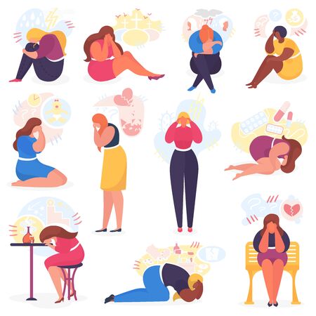 Depressed sad cry woman with problems vector illustration. Unhappy woman in trouble, depression, negative emotions and crying. Flat characters of woman in depression, illness or broken heart.のイラスト素材