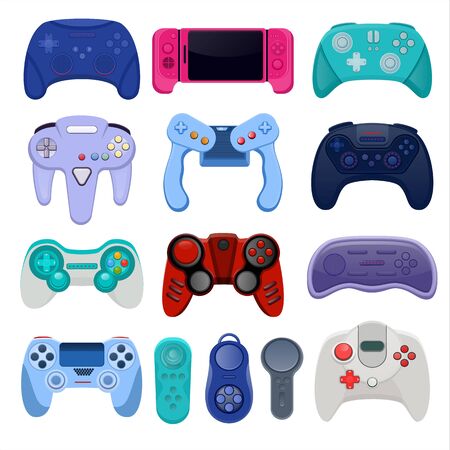 Game controllers and joysticks isolated on white background vector illustration. Controllers collection for video games on computer or gamer consoleのイラスト素材