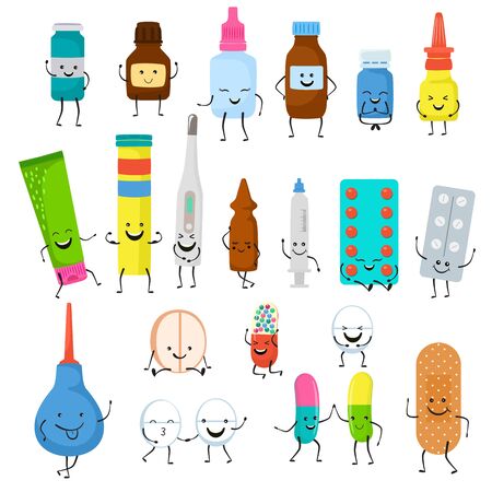 Happy medicine characters emojji vector illustration. Cute medical thermometer, syringe, tablets smile plaster isolated on white background. Health care and medical treatment cartoon characters.のイラスト素材