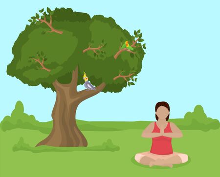 Meditating young woman sitting in lotus yoga position on nature vector illustration. Girl practices yoga outdoor in open air. Healthy lifestyle, wellness, sport and activity. Tree, parrot birds.のイラスト素材