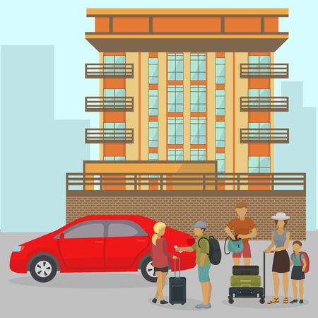 Travelers family or people tourists group with luggage suitcases standing near car and house building vector illustration. Departure from home, travel start or waiting for hotel, apartment check in.のイラスト素材