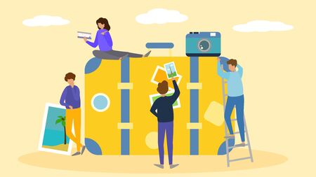 Office people team among huge suitcase packing for travel relax vacation vector illustration. Working business man, woman cartoon characters with luggage bag for summer vacation.のイラスト素材