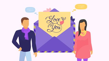Couple of people man, woman and envelope with card and lettering love you vector illustration. Congratulation on Valentines Day, wedding. Heart, dove decoration, speech bubbles.のイラスト素材