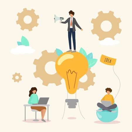 Business idea of creative people brainstorming teamwork startup, innovation, solution vector illustration. Idea concept with lightbulb, gears, characters, loudspeaker, laptops.のイラスト素材