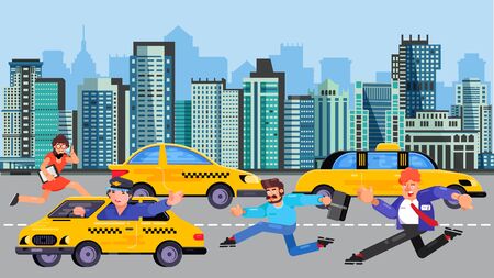 Running business people men, woman late for work rushing to catch taxi car vector illustration. Businessmen hurry to yellow taxi transportation, road, city street, houses and buildings of megalopolis.のイラスト素材