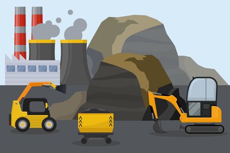 Coal mining industry facilities concept vector illustration. Mine, machine bulldozer excavator, equipment for coal extraction station field. Smoking chimney of factory plant.のイラスト素材