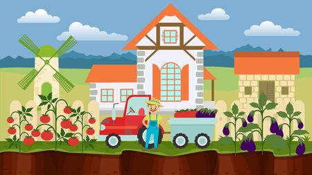 Farmer man standing near truck filled harvest of vegetables cartoon vector illustration. Garden beds with eggplants and tomatoes. Farmhouse, barn, mill, rural landscape background.のイラスト素材
