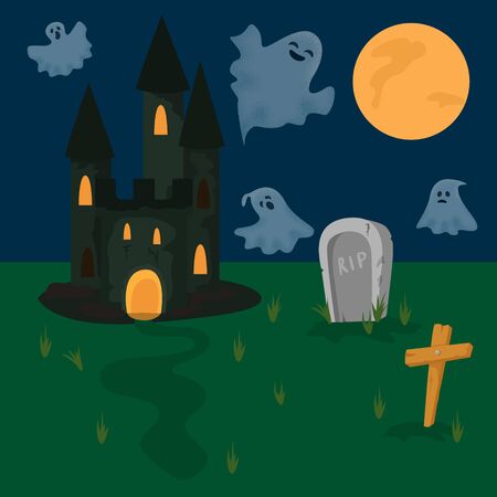 Halloween holiday event night vector illustration. Horrible scary castle, flying ghosts spirits, grave with tombstone and cross, orange moon in darkness. Halloween celebration.のイラスト素材