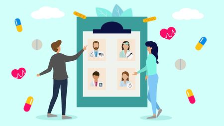 Patients choose doctor in hospital or clinic, healthcare and medicine vector illustration. People man, woman choosing doctor physician specialist for consultation and treatment service.のイラスト素材