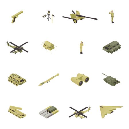 Isometric army vector illustration, military weapon for war, guns design isolated set. Armed camouflage people combat collection, soldier in uniform and object force, vehicle, tank, helicopter, ship.のイラスト素材
