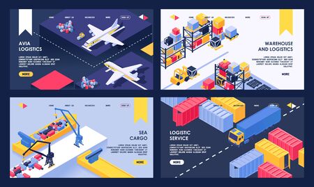 Logistic and warehouse service vector isometric illustration. Transport industry logistics, air transportation, sea cargo freight, storage distribution, truck loading delivery company landing page setのイラスト素材