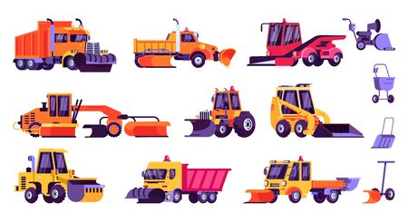 Snow plow truck vector illustration. Cartoon colorful professional snowplow tipper traktor truck cleaning road snowfall, snowplough. Flat winter vehicle equipment side view icons set,isolated on whiteのイラスト素材