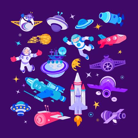 Cartoon space and spaceship vector illustrations. Comic spaceman smiling and waving, people in spacesuit, man and ufo alien in cosmos with shuttle, rocket. Colonization concept, colony on planet setのイラスト素材