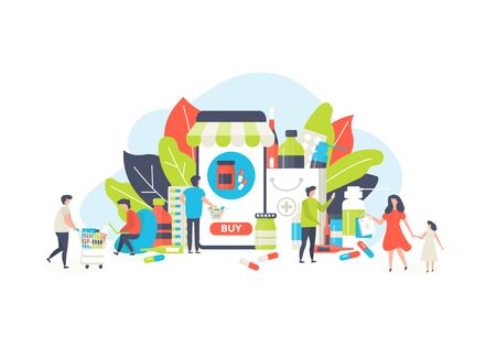 Online pharmacy medicine vector illustration. Medical service for doctor consultation, tiny people buy and sell drugs using computer, smartphone app mobile device. Online pharma commerce shop conceptのイラスト素材