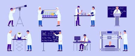 Scientist in lab research vector illustration. Cartoon flat people making experiment test in science laboratory, scientific character researcher working in medicine, chemistry, biology isolated setのイラスト素材