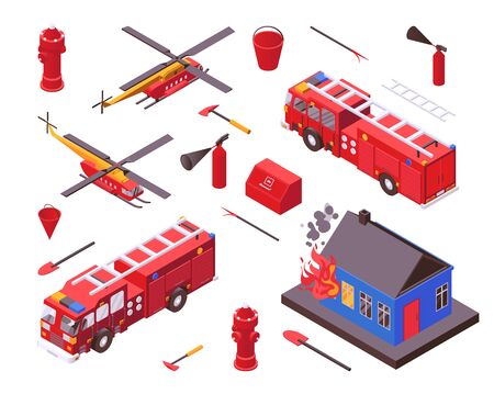 Isometric fire safety, firefighter equipment vector illustration. Red gear of fire station...