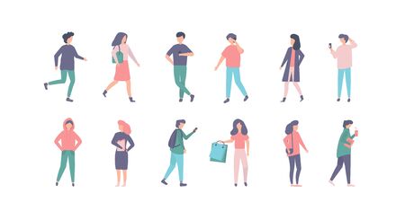 People in casual clothes vector illustration set. Cartoon man woman character in stylish clothing outfit, young person standing, walking, moving on city street. Active flat people isolated on whiteのイラスト素材