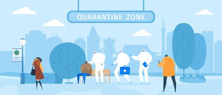 Quarantine zone with medics in protective cloths and masks help people with epidemic virus, desease coronavirus vector illustration. Entrance is forbidden in quarantine zone cityscape.のイラスト素材
