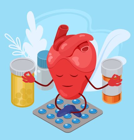 Heart support with medicines for health vector illustration concept. Heart funny character sits calm, meditate in lotus position among pills. Treating, sedative, antidepressant pharmaceutical drugs.のイラスト素材