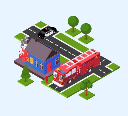 Fire in house, fire truck engine and police car near burning building vector illustration isometric. Firefighting rescue emergency protection service equipment for flaming home. Nobody.のイラスト素材