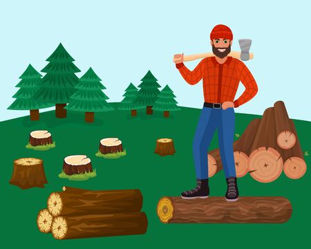 Lumberjack man with axe in forest vector illustration. Happy smiling male character woodcutter works to cutting down trees for timber and logs. Coniferous forest with spruces and stumps.の写真素材