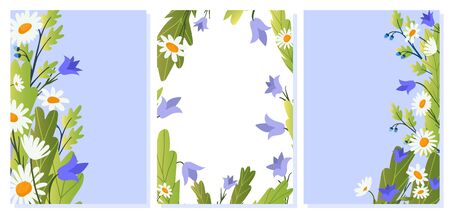 Vector floral cards or banners set with summer wild flowers cartoon vector illustration. Romantic design for greeting card, wedding invitation, natural cosmetics, florist shop.のイラスト素材