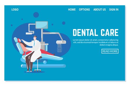 Dental care and dentistry webpage template with doctor and patient in chair curing unhealthy tooth vector illustration. Dental health care visit to doctor and stomatology office web site.のイラスト素材
