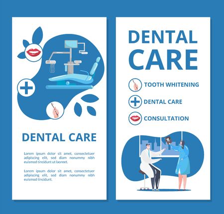 Dental care and dentistry banners set with doctors in stomatological clinic doing tooth x-ray and dentistry equipment vector illustration. Dental health care, tooth whitening and stomatology.のイラスト素材