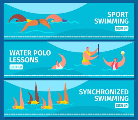 Swimming sport with people professional swimmers in swimming pool, web banners set flat vector illustration. Diving, water polo and synchronized swimming sport activity, fitness webpage.のイラスト素材