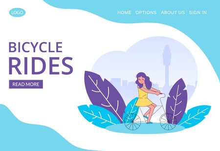 Happy girl riding bicycle line art vector illustration for web template. Bike cycle rent in summer, outdoor ride on bicycles for kids. Sporty leisure for children in park advertising webpage.のイラスト素材